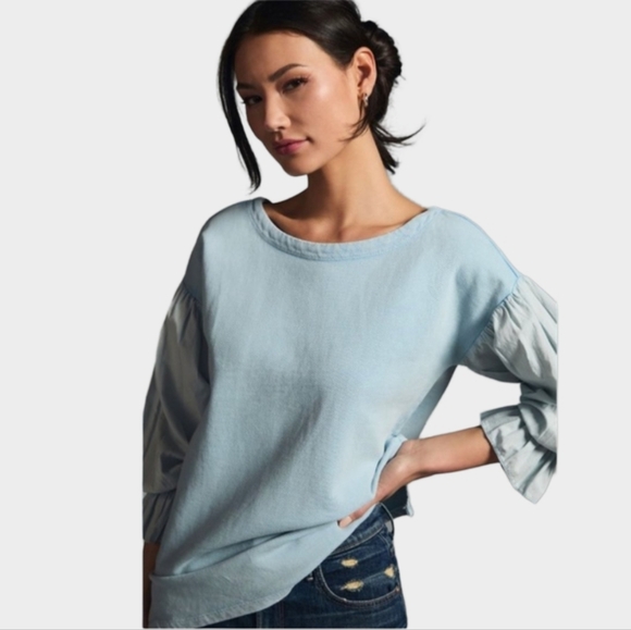 Anthropologie Pilcro Mixed Media Oversized Pullover Top Blue Balloon Sleeve Sz S - Picture 4 of 14